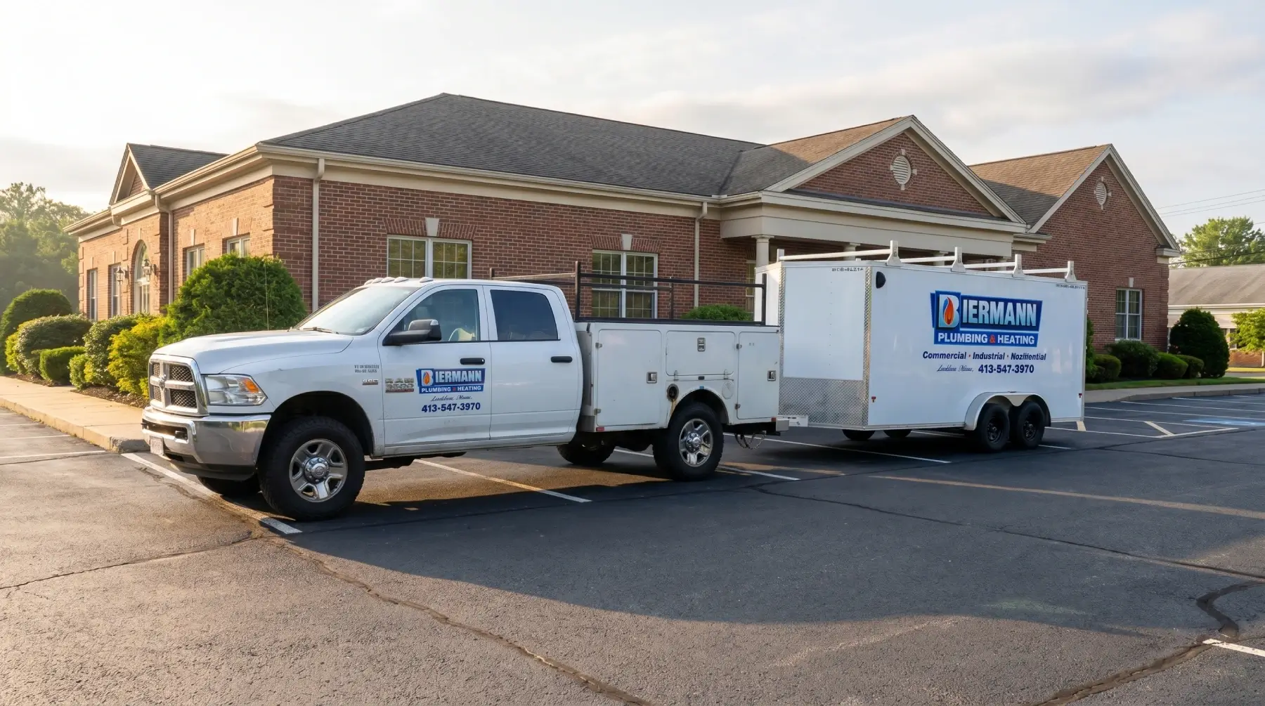 Biermann Plumbing and Heating truck and trailer ready for service